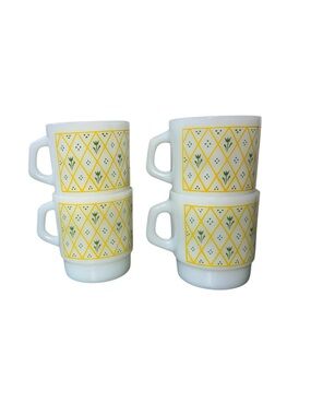 Set of 4 Termocrisa Milk Glass Mugs | Vintage 1970s Yellow Lattice & Green Tulip